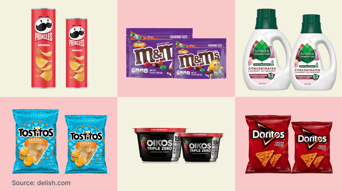 Image depicting shrinkflation with examples of popular products. Brands include Pringles, MM’s, Seventh Generation detergent, Tostitos, Oikos yogurt, and Doritos. Each product shows reduced sizes while maintaining the same price. Source: Delish.com.