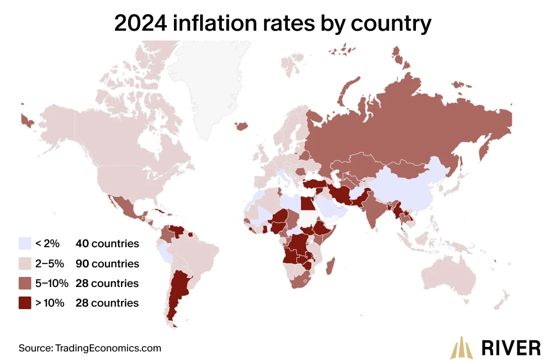 A map of inflation rates by country in 2024.