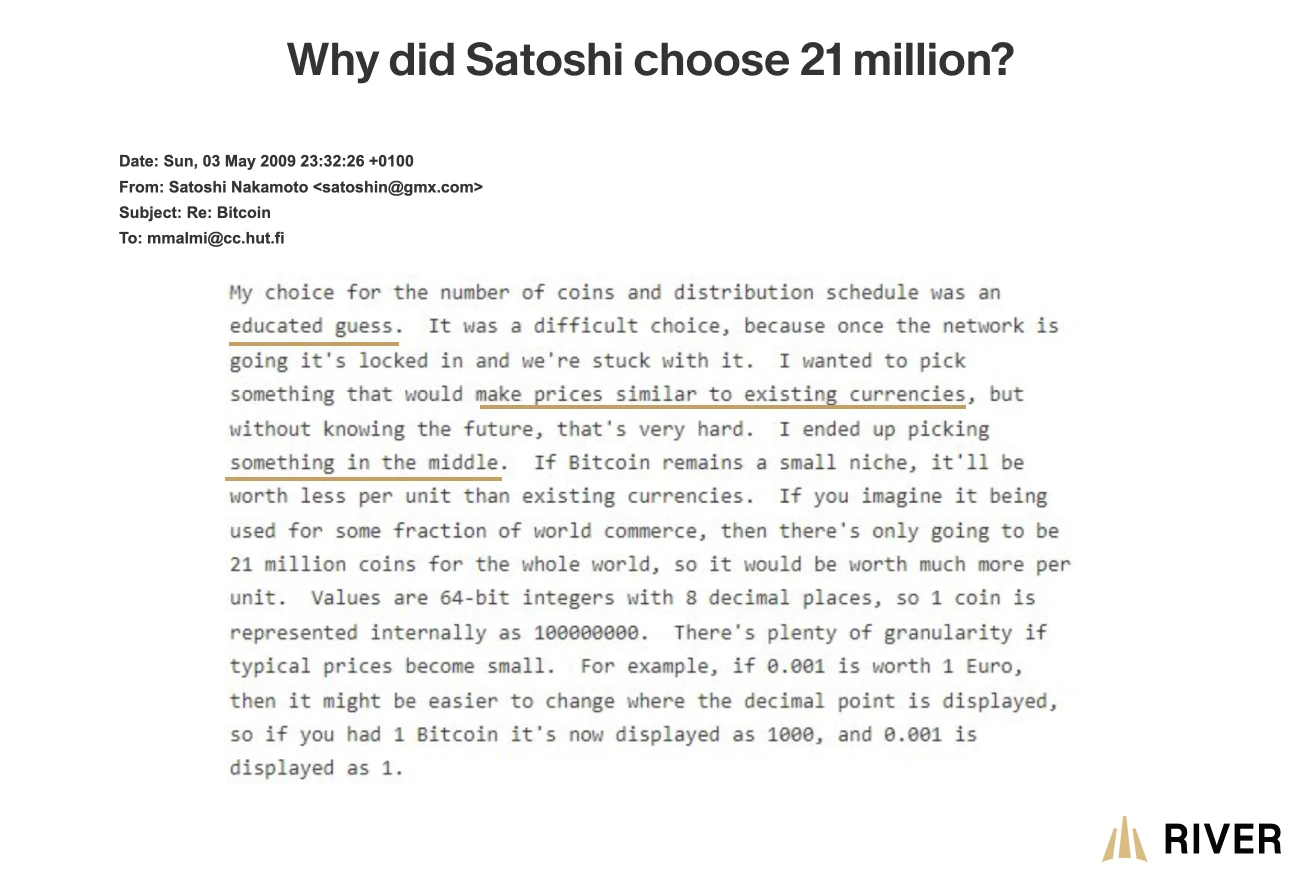 An email exchange between Satoshi Nakamoto and Martti Malmi on explaining Satoshi’s choice of a 21 million coin limit. Satoshi explains that it was chosen as an educated guess for balance so that Bitcoin’s pricing would be similar to existing currencies today.